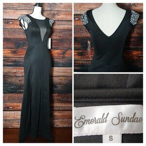 NWT Emerald Sundae Maxi Dress S Rhinestone Sheer Plunge Neck Scuba Side Slits